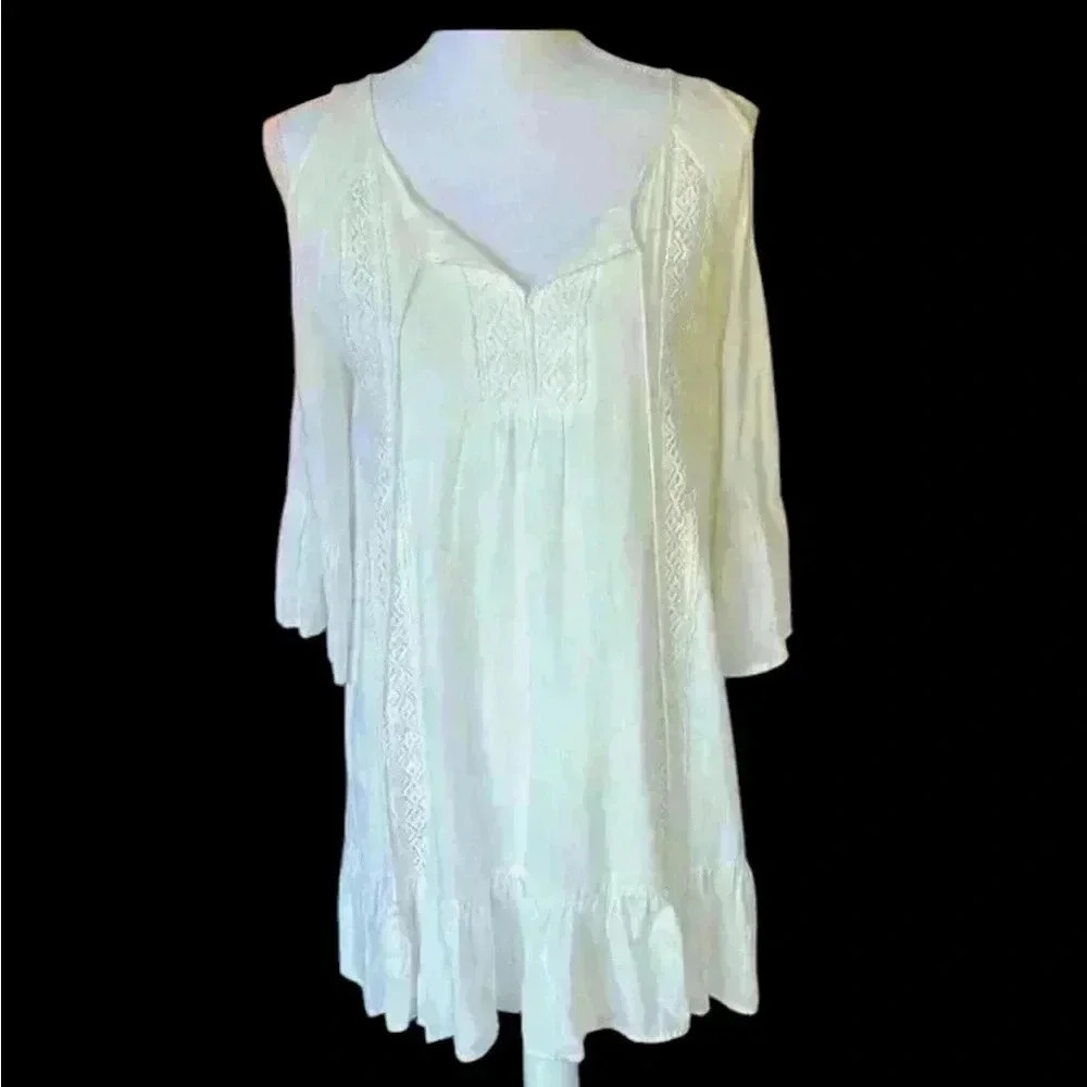 Entro ladies sundress cold shoulder small OS flowy white Lacey. Fully lined. - Picture 2 of 10